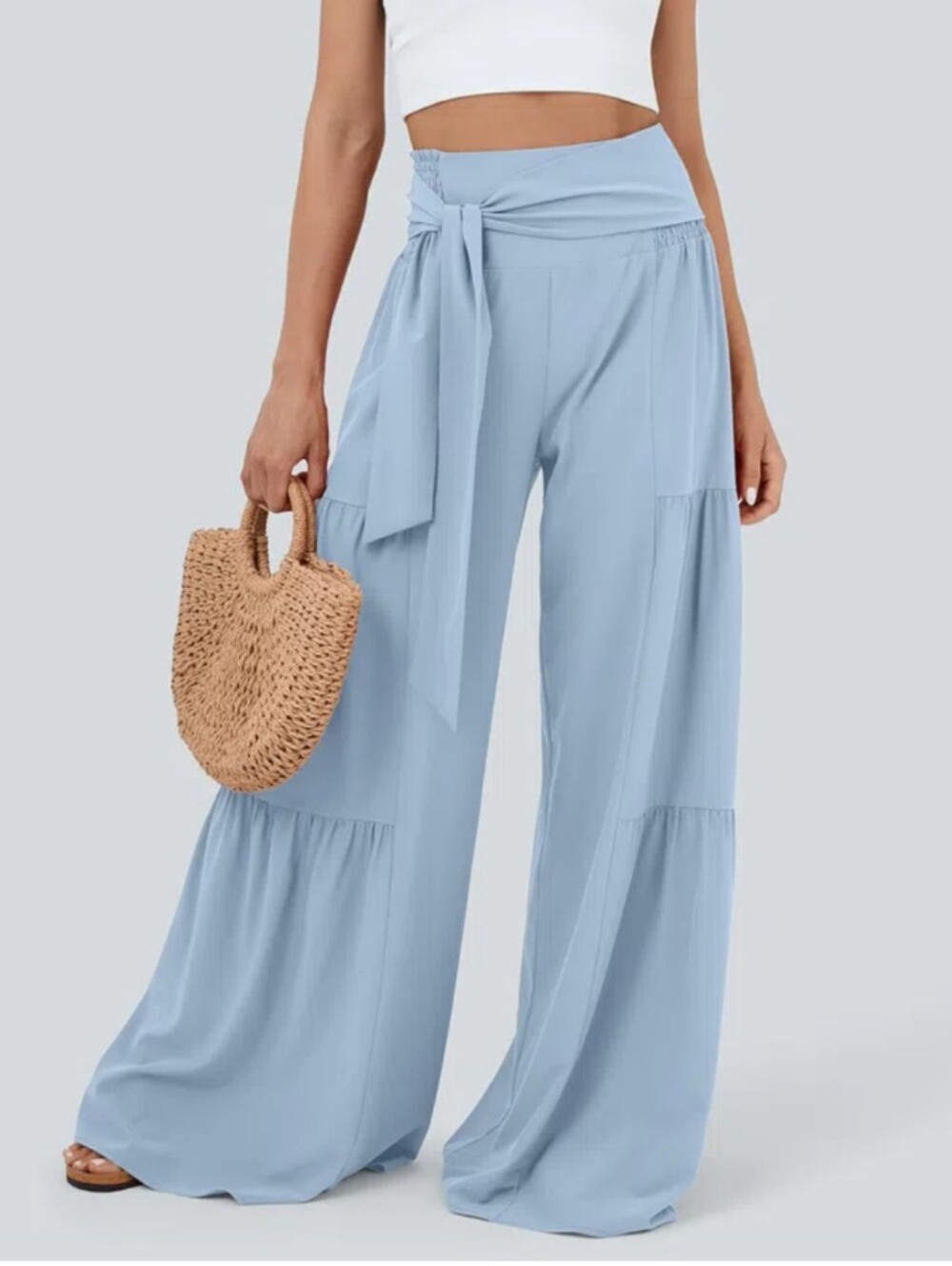 High-Waisted Shirred Tie Wide-Leg Pants Ice Blue HALARA XL